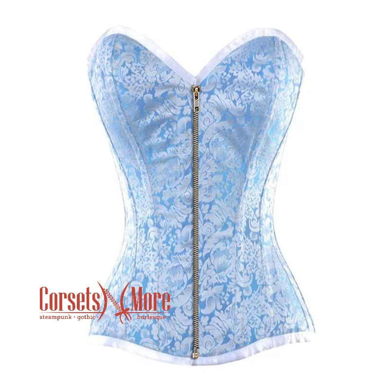 Baby Blue And White Brocade With Antique Zipper Overbust Corset