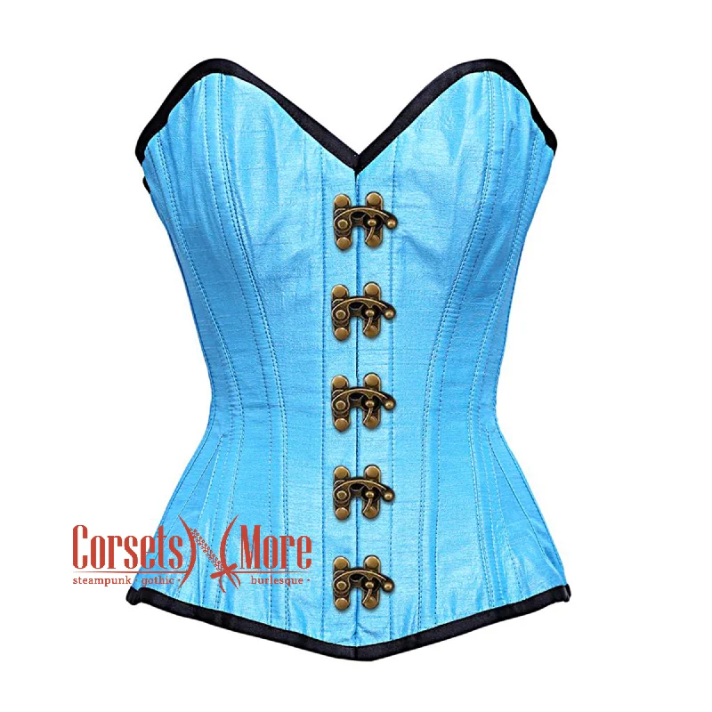 Baby Blue Satin Burlesque Antique Clasps Waist Training Costume Gothic Corset Overbust Top