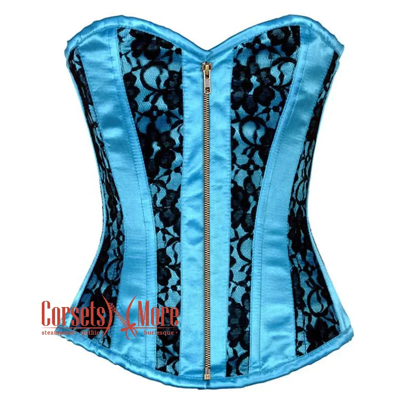 Baby Blue Satin With Black Net Front Antique Zipper Gothic Overbust Burlesque Corset