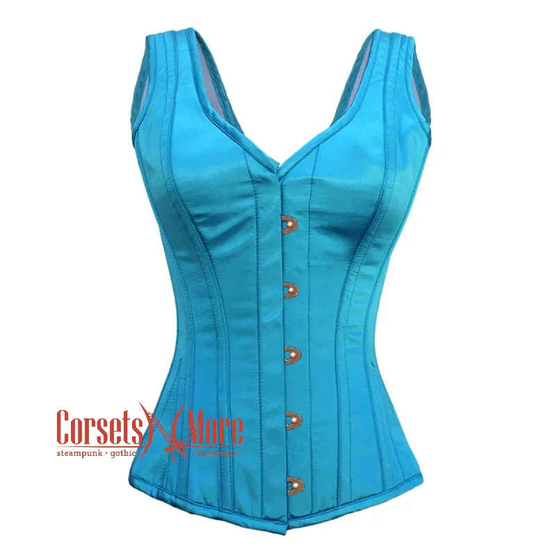 Baby Blue Satin With Front Antique Busk Gothic Overbust Burlesque Corset Waist Training Top