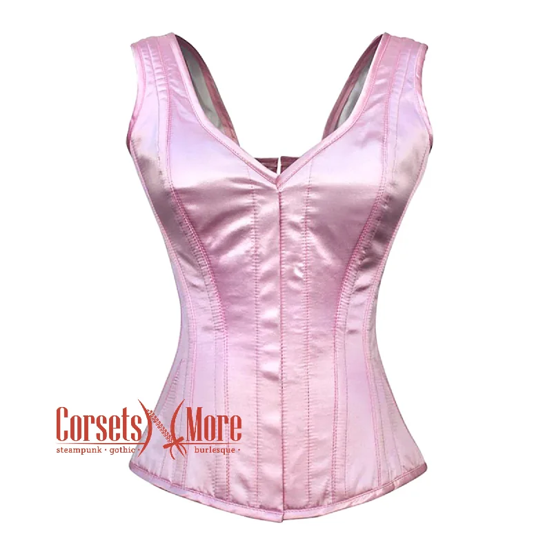 Baby Pink Satin With Front Close Gothic Overbust Burlesque Corset Waist Training Top