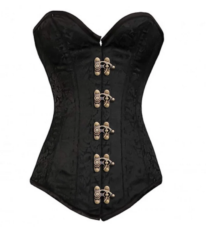 Black Brocade Gothic Burlesque Costume Waist Training LONGLINE Overbust Corset Top