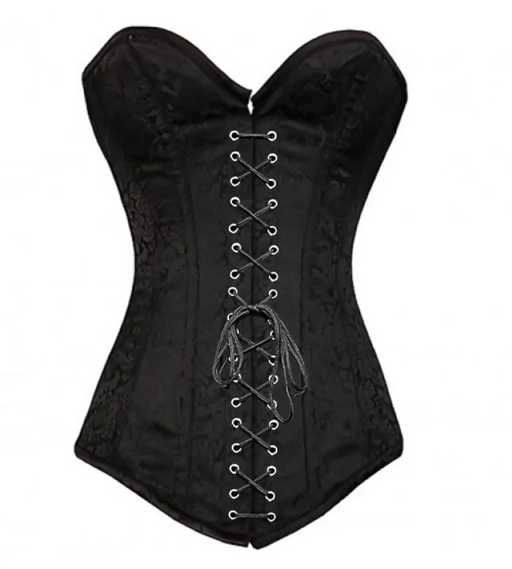 Black Brocade Gothic Burlesque LONGLINE Corset Waist Training Front Black Lace Overbust Top