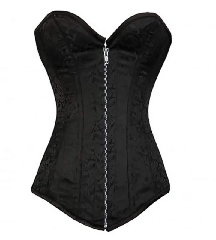 Black Brocade Gothic Burlesque LONGLINE Corset Waist Training Zipper Overbust Top