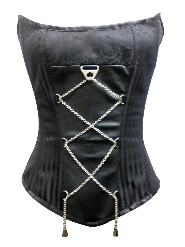 Black Brocade Laced Chain Gothic Steampunk Bustier Waist Training Burlesque Overbust Corset Costume