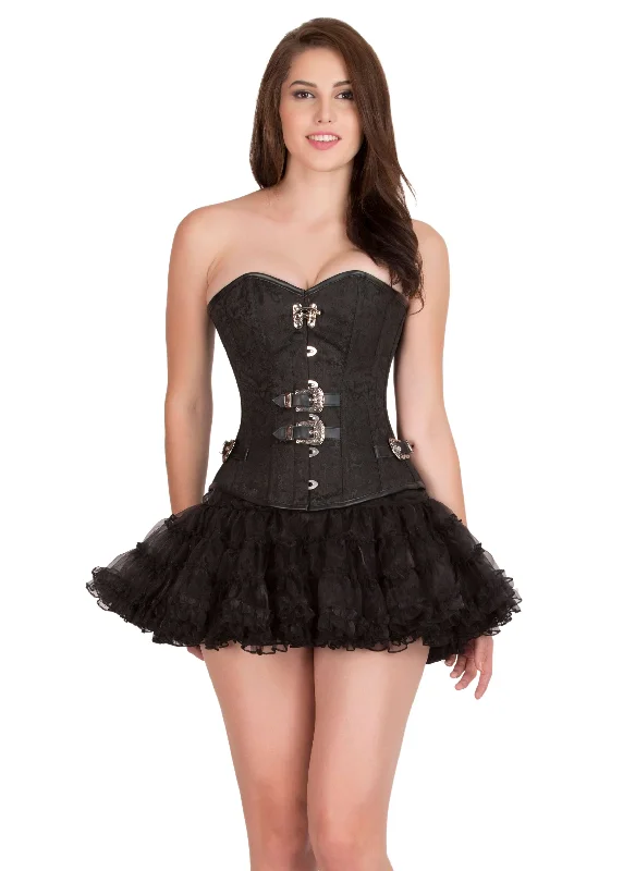 Black Brocade Leather Piping Gothic Corset Steampunk Bustier Waist Training Overbust Top