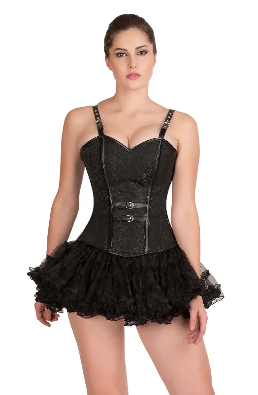 Black Brocade Leather Straps Gothic Burlesque Bustier Waist Training Overbust Corset Top