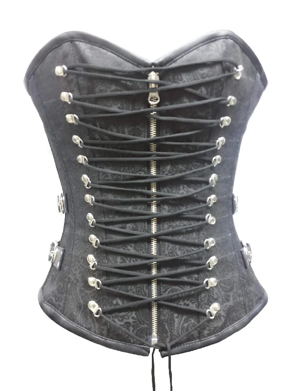 Black Brocade Leather Zipper Laces Gothic Steampunk Bustier Burlesque Overbust Corset Costume