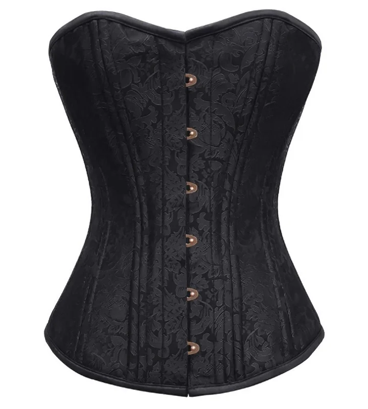 Black Brocade Spiral Steel Boned Corset Antique Busk Waist Training Overbust Top