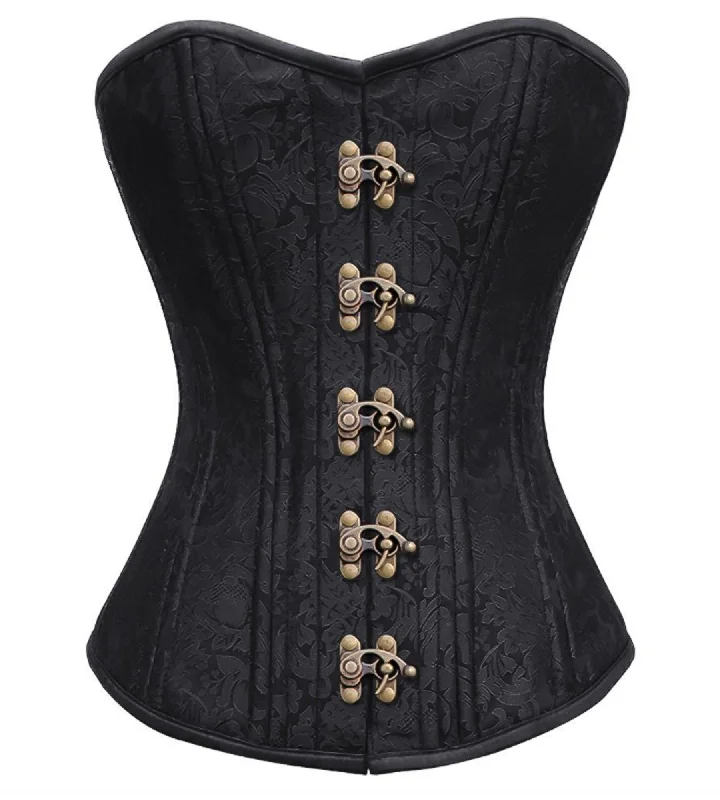 Plus Size Black Brocade Spiral Steel Boned Corset Antique Clasps Waist Training Bustier Overbust Corset Top