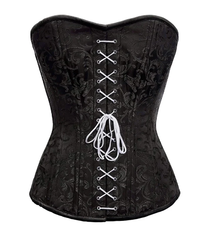 Black Brocade Spiral Steel Boned Corset For Waist Training Overbust Top