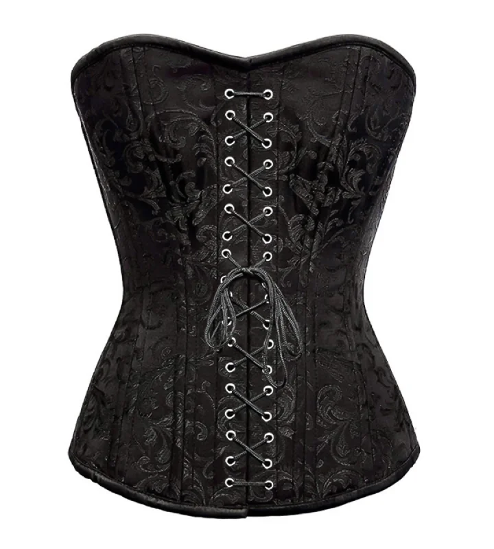 Black Brocade Spiral Steel Boned Corset For Waist Training Overbust Top