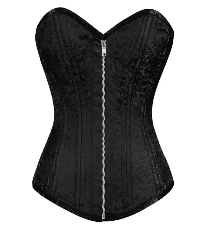 Black Brocade Spiral Steel Boned LONGLINE Overbust Plus Size Corset Goth Burlesque Costume Silver Zipper Waist Training Top