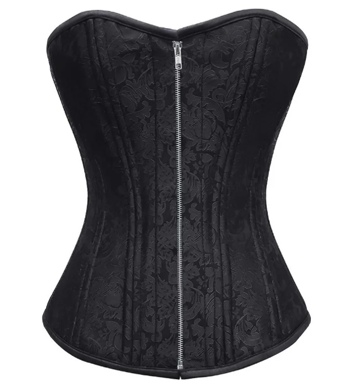 Black Brocade Spiral Steel Boned Corset Waist Training Overbust Top