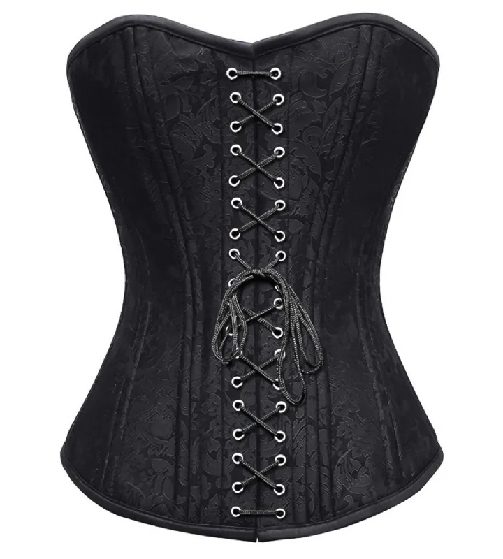 Black Brocade Spiral Steel Boned Corset Waist Training Overbust Top