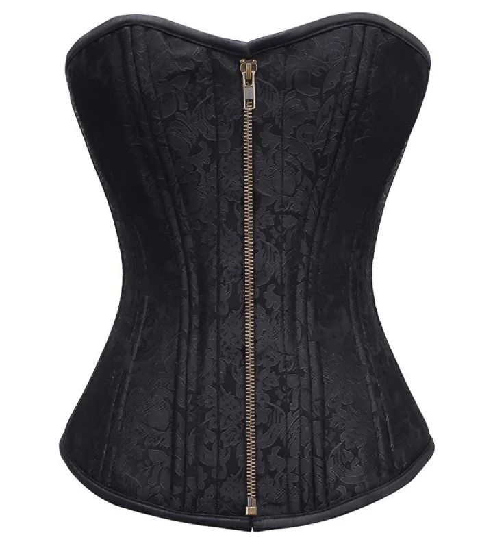 Black Brocade Spiral Steel Boned Corset Waist Training Overbust Top