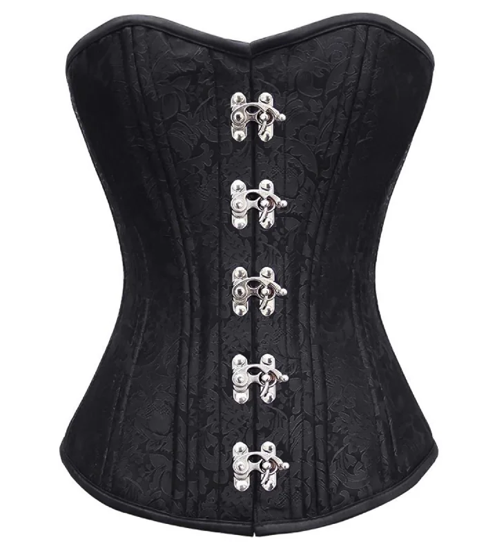 Black Brocade Spiral Steel Boned Corset Waist Training Seal Lock Overbust Top