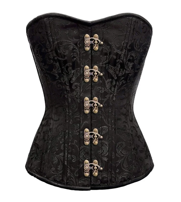 Black Brocade Spiral Steel Boned Corset Waist Training With Seal Lock Overbust Top