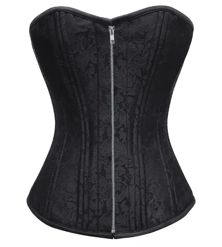 Black Brocade Spiral Steel Boned Satin Overbust Plus Size Zipper Corset Waist Training Bustier Top