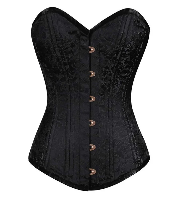 Black Brocade Spiral Steel Boned LONGLINE Corset Goth Burlesque Waist Training Costume Overbust Bustier Top