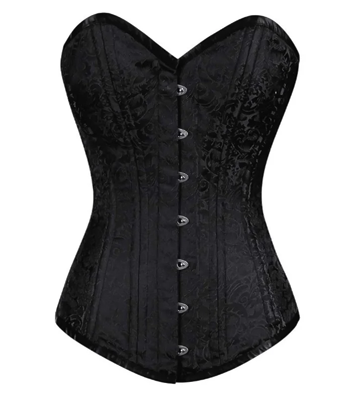 Black Brocade Spiral Steel Boned LONGLINE Corset Goth Burlesque Waist Training Overbust Bustier Top