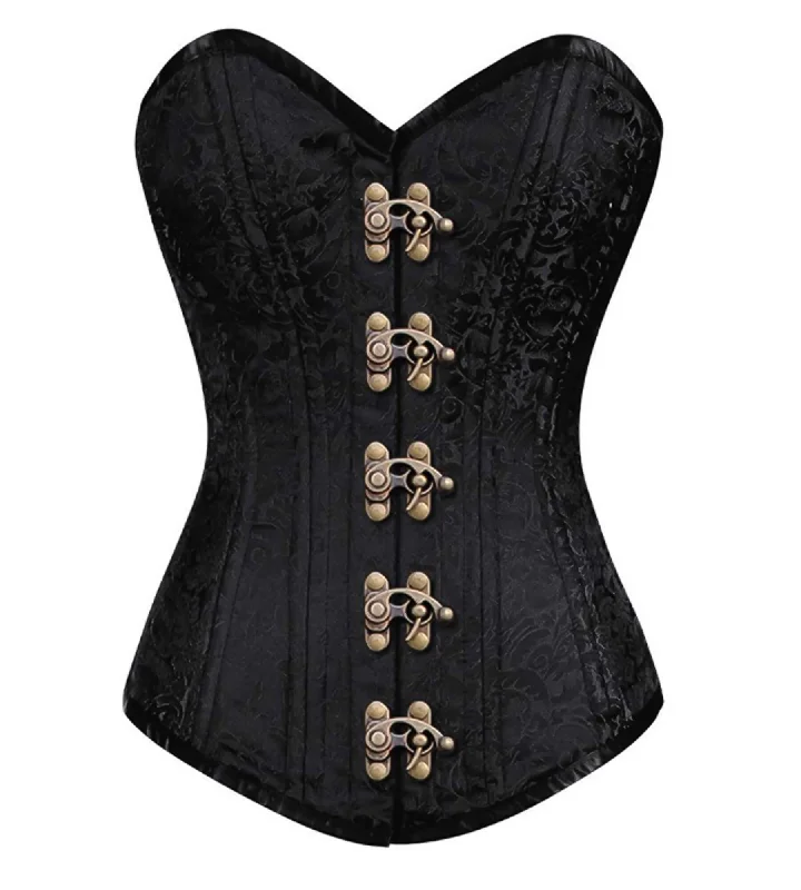 Black Brocade Spiral Steel Boned LONGLINE Corset Goth Waist Training Burlesque Costume Antique Seal Lock Opening Overbust Bustier Top