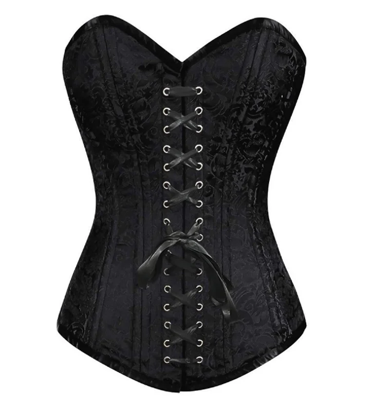 Black Brocade Spiral Steel Boned LONGLINE Corset Waist Training Front Black Lace Gothic Burlesque Costume Overbust Bustier Top