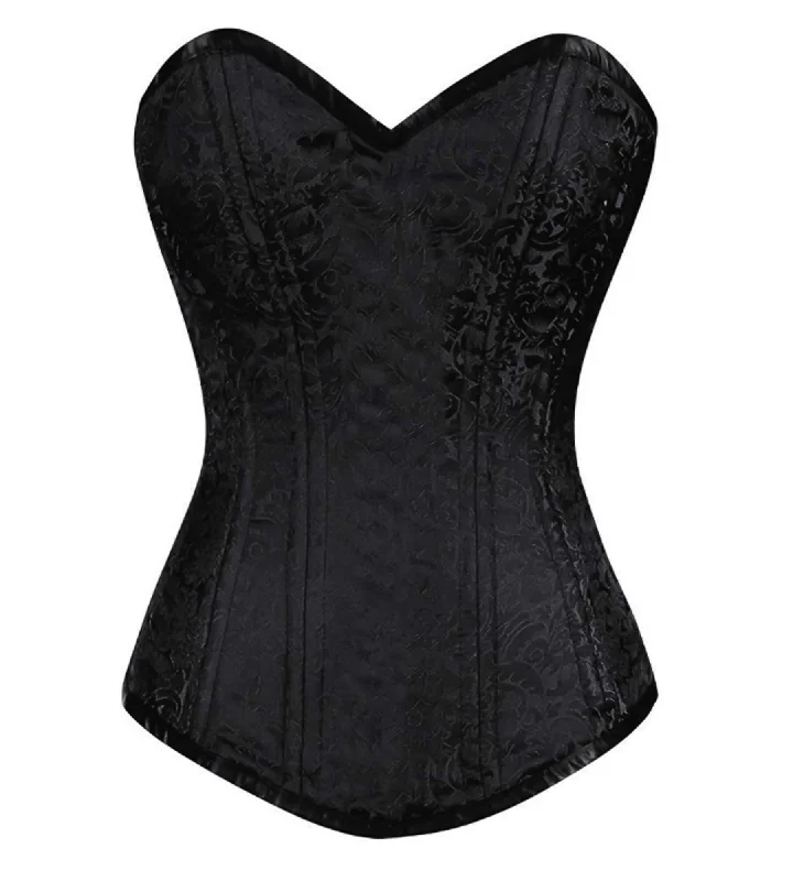 Black Brocade Spiral Steel Boned LONGLINE Corset Waist Training Front Closed Goth Burlesque Costume Overbust Bustier Top