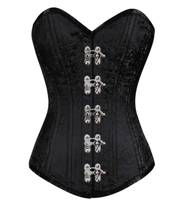 Black Brocade Spiral Steel Boned LONGLINE Corset Waist Training Goth Burlesque Costume Seal Lock Opening Overbust Bustier Top