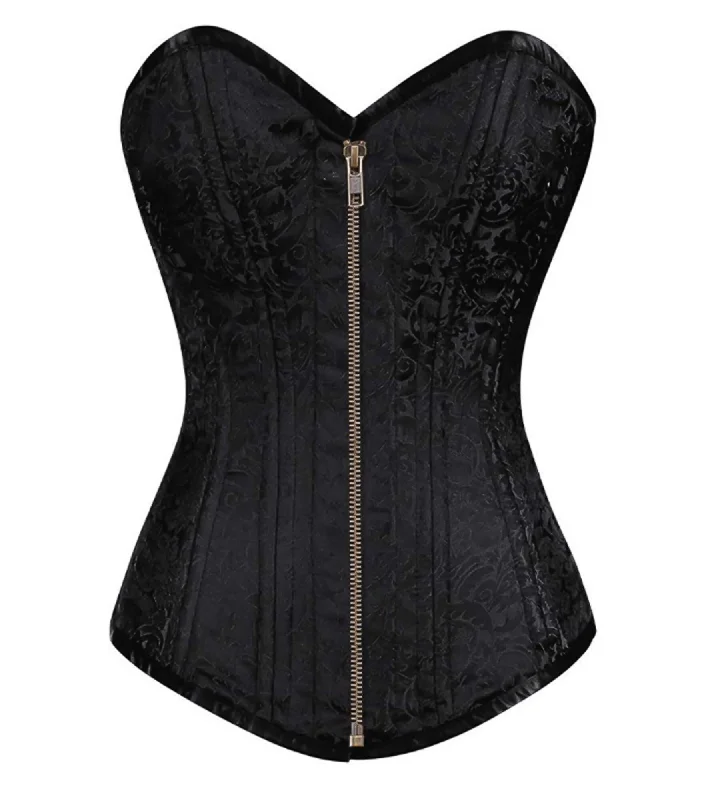 Black Brocade Spiral Steel Boned LONGLINE Corset Waist Training Goth Burlesque Costume Zipper Overbust Bustier Top