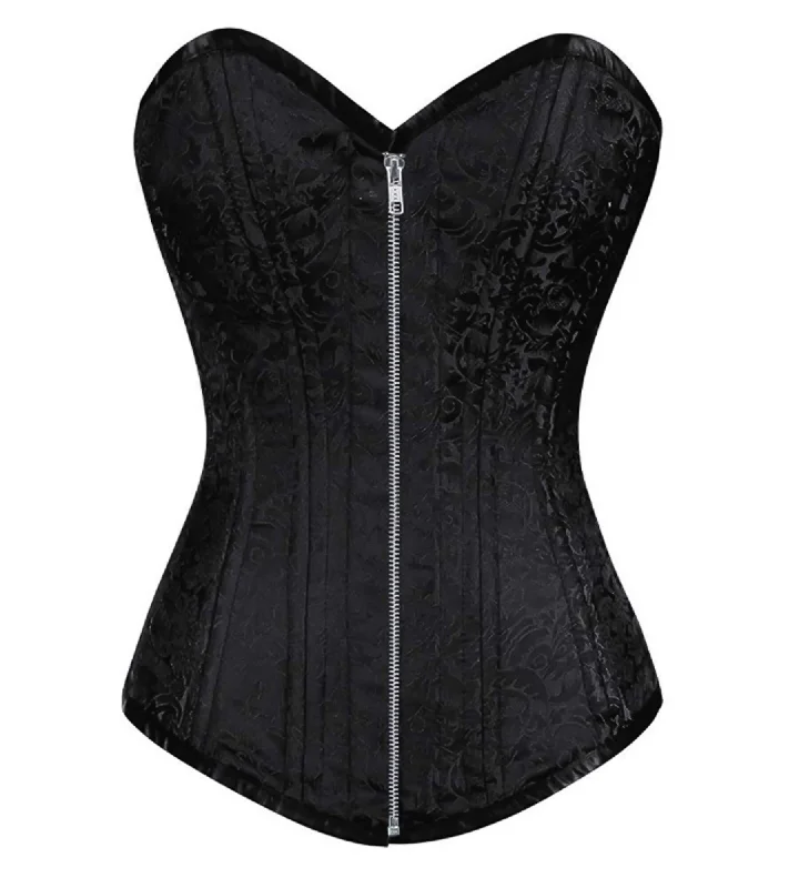 Black Brocade Spiral Steel Boned LONGLINE Corset Waist Training Gothic Burlesque Costume Silver Zipper Overbust Bustier Top