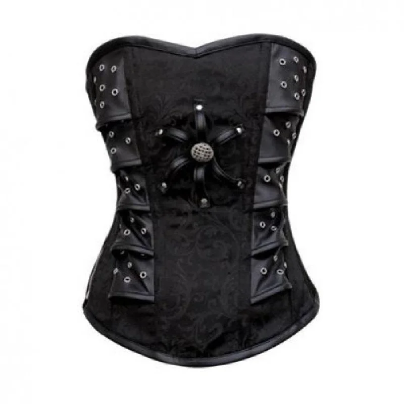 Black Brocade with Leather Patches Gothic Overbust corset Waist Trainer Steampunk Costume