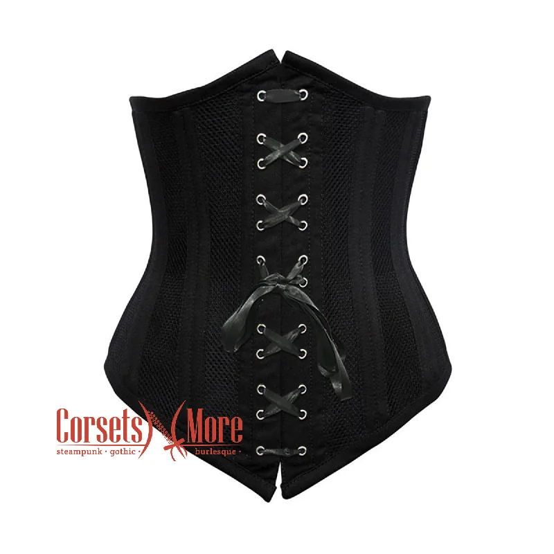 Black Cotton Mesh Double Boned Front Black Ribbon Long Underbust Steampunk Corset