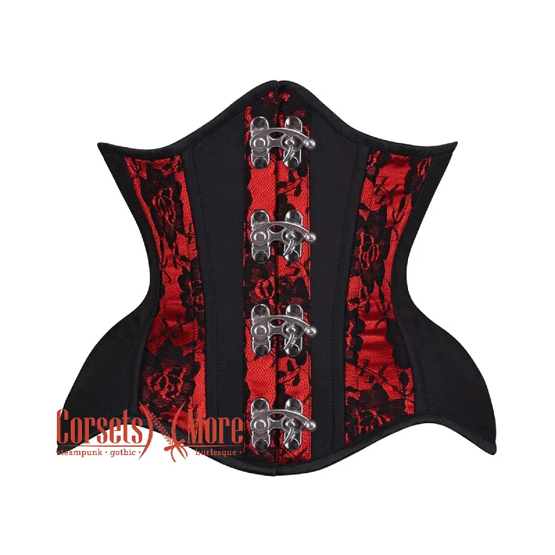 Black Cotton Red Satin Net Overlay Stripe Front Clasps Steampunk Underbust Corset