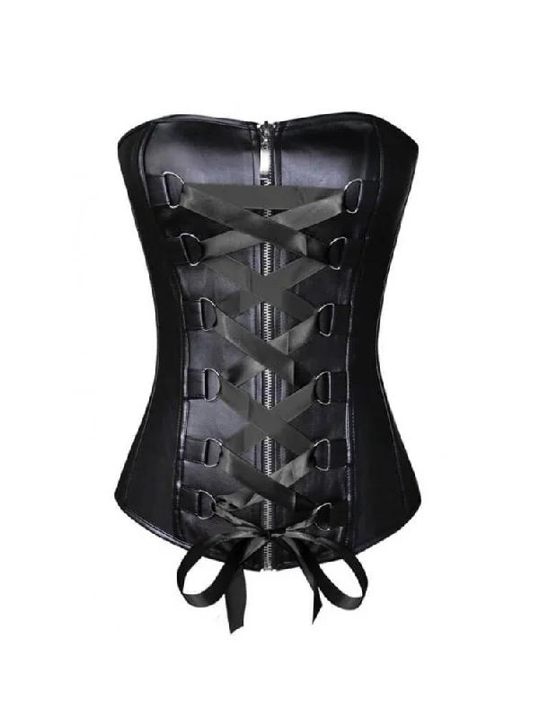 Black Faux Leather Satin Lace Gothic Steampunk Corset Waist Training Overbust