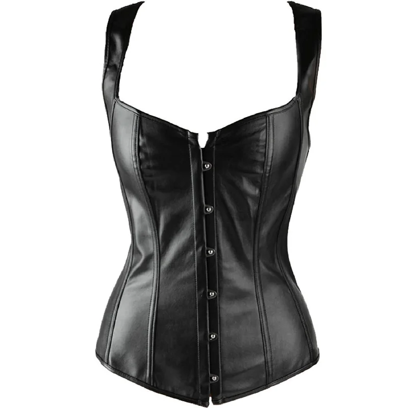 Black Faux Leather Shoulder Straps Gothic Steampunk Corset Overbust Bustier