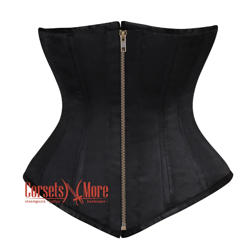 Black Satin Double Boned Front Antique Zipper Longline Underbust Steampunk Corset