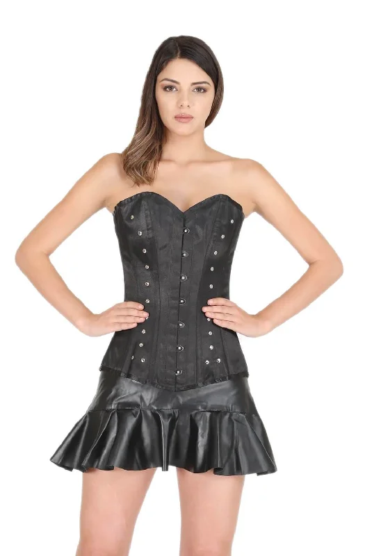 Black Satin Gothic Burlesque Corset Waist Cincher Bustier LONG Overbust Leather Tutu Skirt Dress