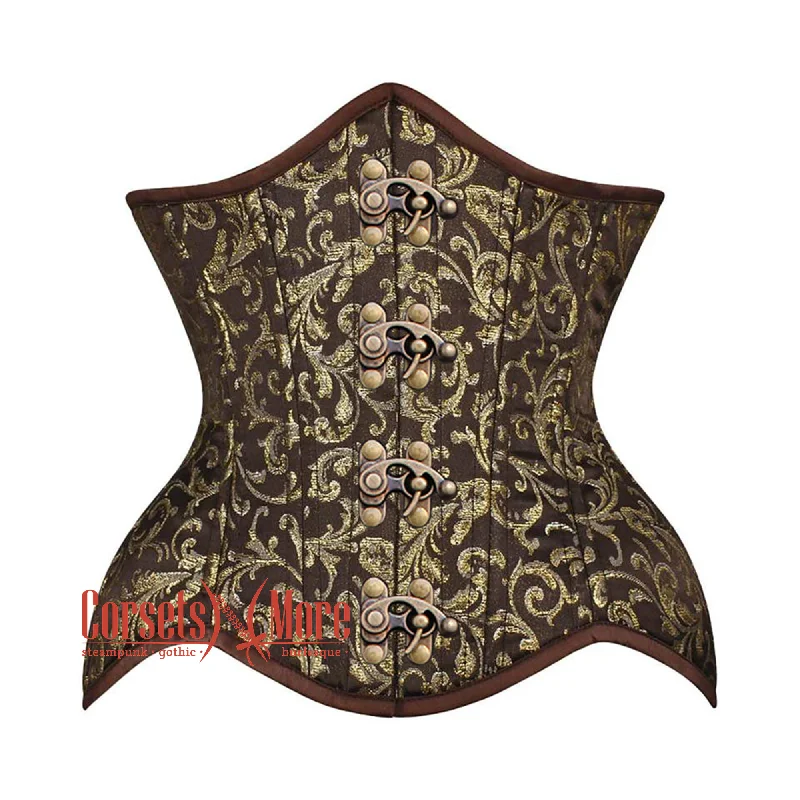 Brown And Golden Brocade Front Clasps Double Bone Steampunk Gothic Waist Training Underbust Corset