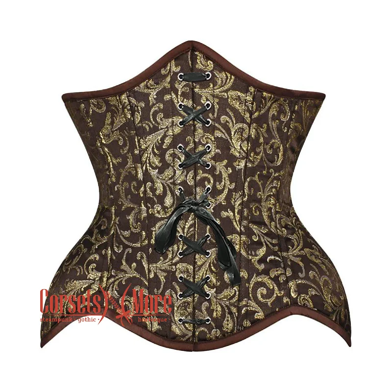 Brown And Golden Brocade Front Lace Double Bone Steampunk Gothic Waist Training Underbust Corset