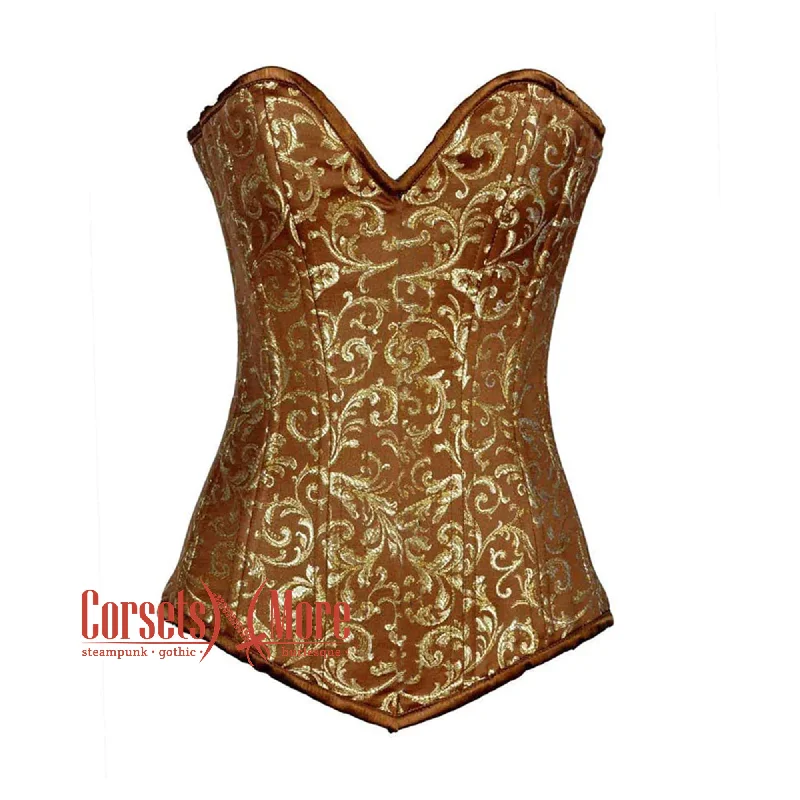 Brown And Golden Brocade Longline Burlesque Gothic Overbust Corset Bustier Top