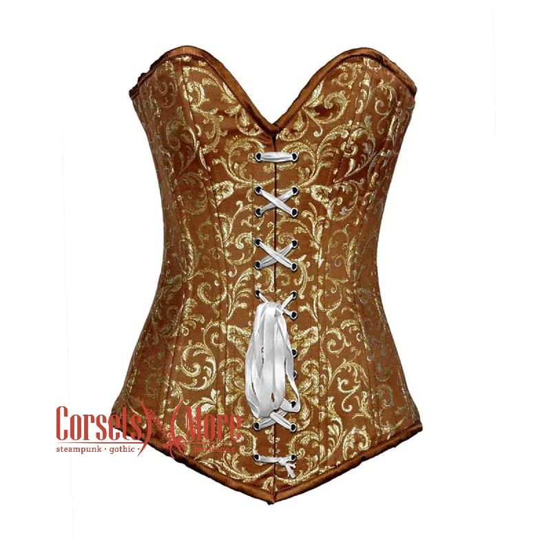 Brown And Golden Brocade Longline Front Lace Burlesque Overbust Corset Bustier Top