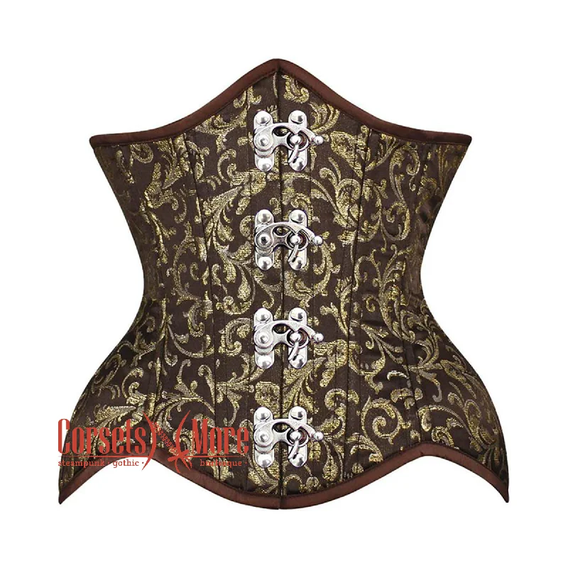 Brown And Golden Brocade Silver Clasps Double Bone Steampunk Gothic Waist Training Underbust Corset