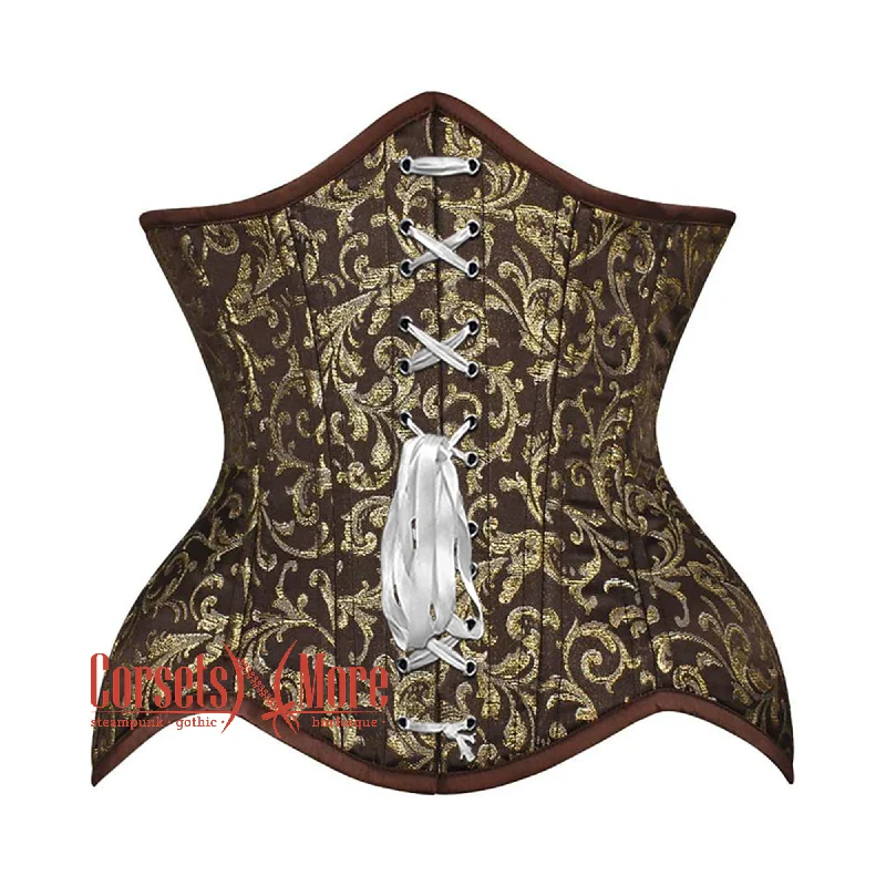 Brown And Golden Brocade White Lace Design Double Bone Steampunk Gothic Waist Training Underbust Corset