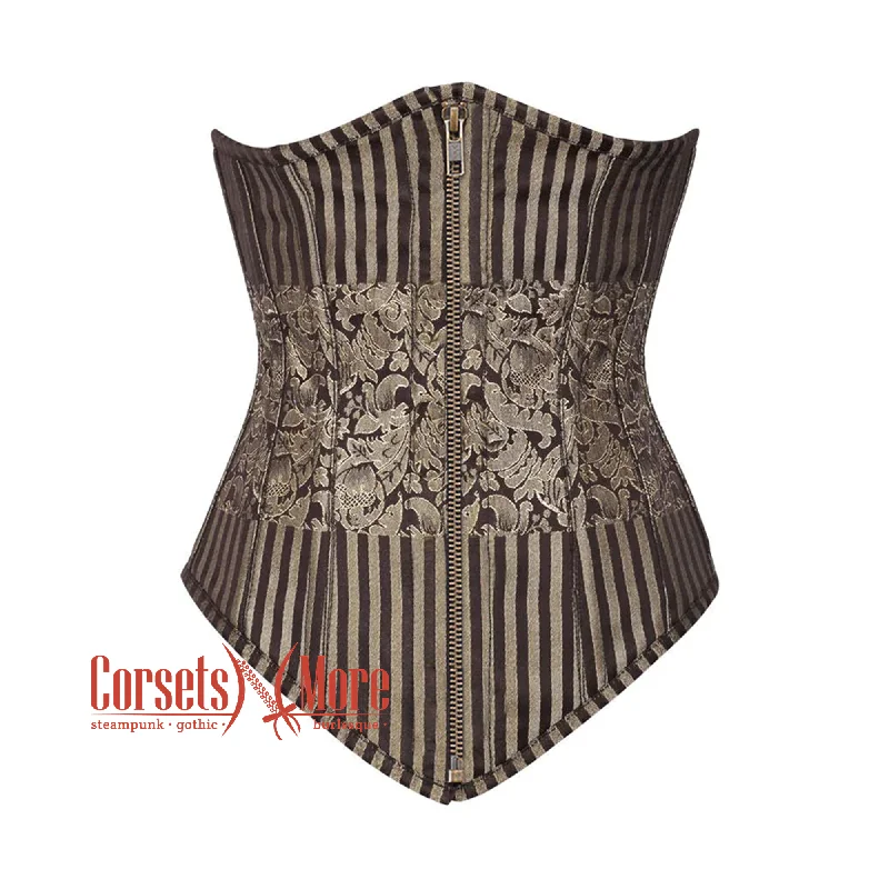 Brown and Golden Brocade With Antique Zipper Gothic Long Underbust Corset