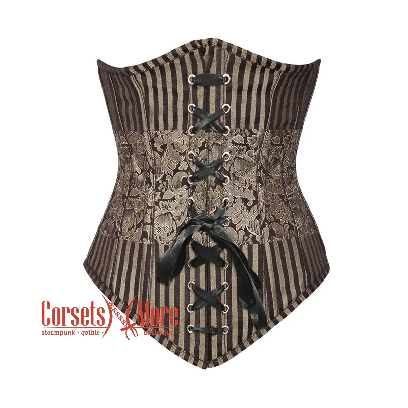 Brown and Golden Brocade With Front Lace Gothic Long Underbust Corset