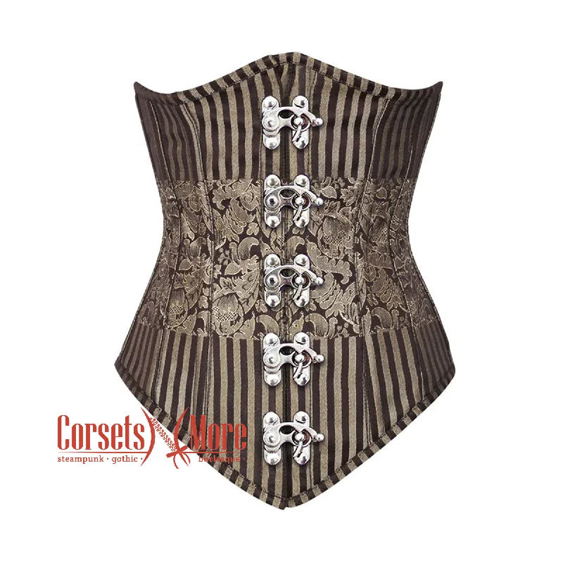 Brown and Golden Brocade With Front Silver Clasps Gothic Long Underbust Corset