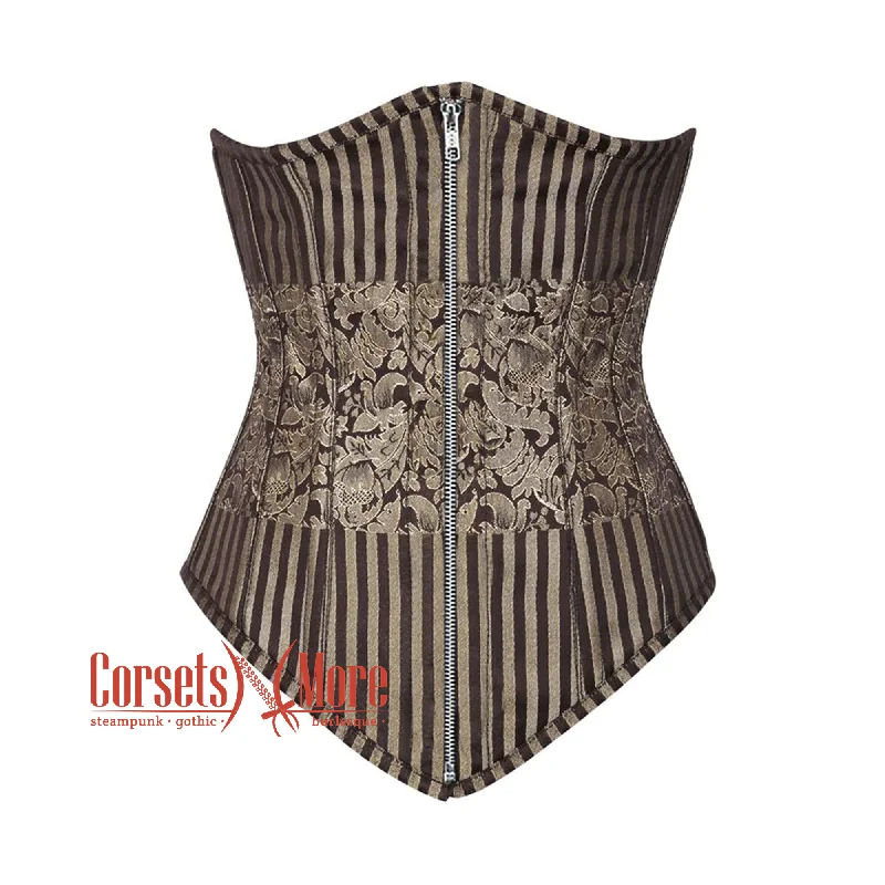 Brown and Golden Brocade With Front Silver Zipper Gothic Long Underbust Corset