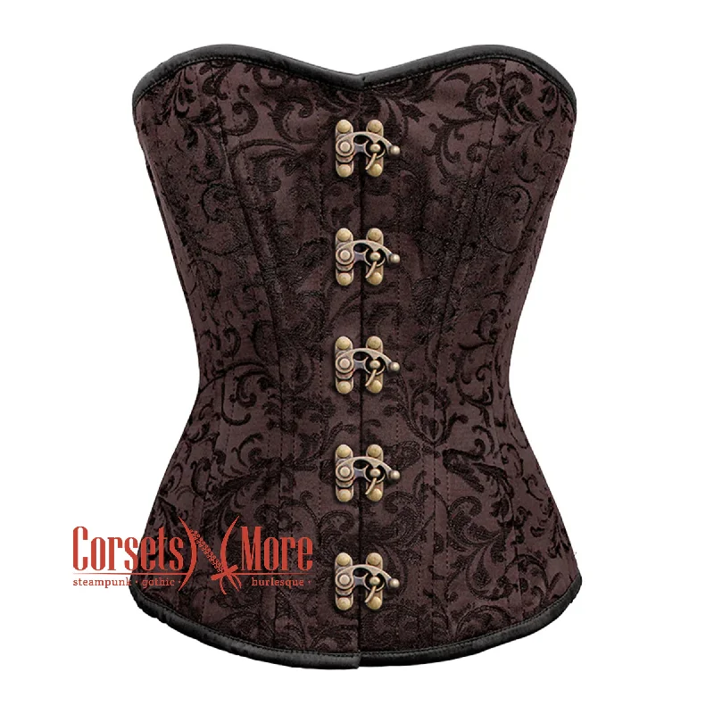 Brown Brocade Steel Boned Front Antique Clasps Overbust Corset