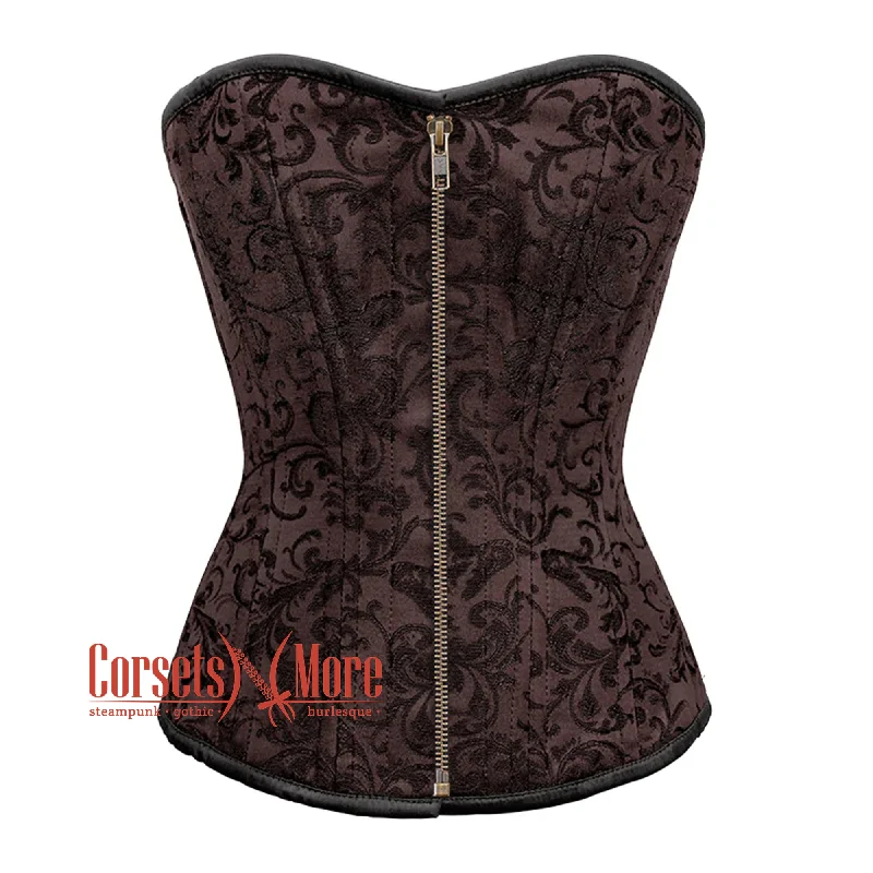 Brown Brocade Steel Boned Front Antique Zipper Overbust Corset